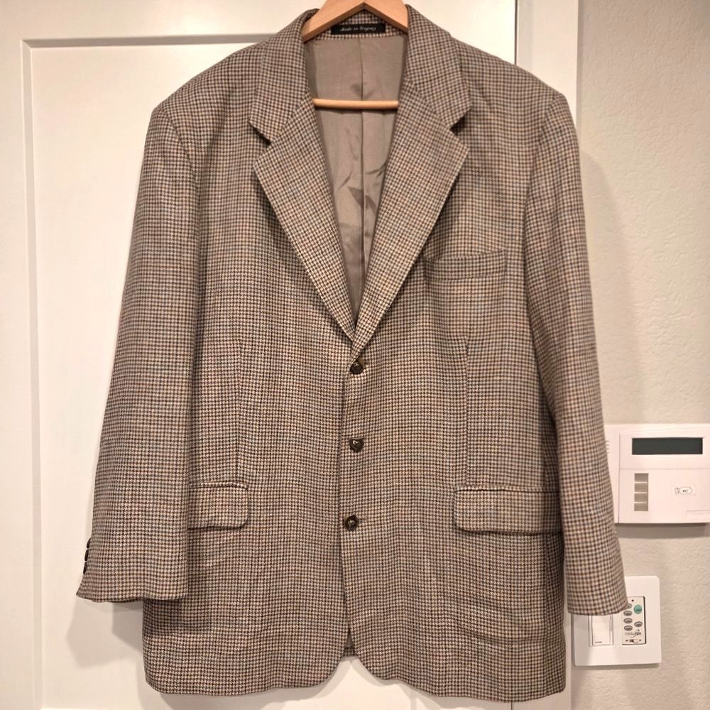 Vintage Riggings Men's Houndstooth Blazer Silk Wool Linen Sport Coat Brown 44R